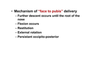 • Mechanism of “face to pubis” delivery
– Further descent occurs until the root of the
nose
– Flexion occurs
– Restitution
– External rotation
– Persistant occipito-posterior
 