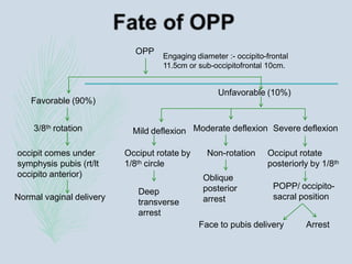 OPP
Engaging diameter :- occipito-frontal
11.5cm or sub-occipitofrontal 10cm.
Favorable (90%)
Unfavorable (10%)
3/8th rotation
occipit comes under
symphysis pubis (rt/lt
occipito anterior)
Normal vaginal delivery
Mild deflexion Moderate deflexion Severe deflexion
Occiput rotate by
1/8th circle
Deep
transverse
arrest
Non-rotation
Oblique
posterior
arrest
Occiput rotate
posteriorly by 1/8th
POPP/ occipito-
sacral position
Face to pubis delivery Arrest
 