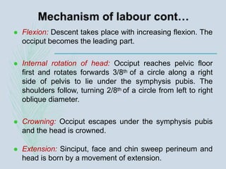  Flexion: Descent takes place with increasing flexion. The
occiput becomes the leading part.
 Internal rotation of head: Occiput reaches pelvic floor
first and rotates forwards 3/8th of a circle along a right
side of pelvis to lie under the symphysis pubis. The
shoulders follow, turning 2/8th of a circle from left to right
oblique diameter.
 Crowning: Occiput escapes under the symphysis pubis
and the head is crowned.
 Extension: Sinciput, face and chin sweep perineum and
head is born by a movement of extension.
 