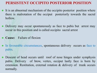  It is an abnormal mechanism of the occipito posterior position where
there is malrotation of the occiput posteriorly towards the sacral
hollow.
 Delivery may occur spontaneously as face to pubis but arrest may
occur in this position and is called occipito sacral arrest
 Cause: Failure of flexion
 In favourable circumstances, spontaneous delivery occurs as face to
pubis.
 Descent of head occurs until roof of nose hinges under symphysis
pubis. Delivery of brow, vertex, occiput lastly face is born by
extension. Restitution, external rotation & delivery of trunk occurs
normally.
PERSISTENT OCCIPITO POSTERIOR POSITION
 