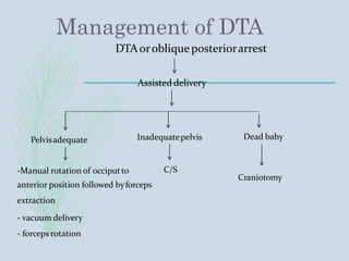 Management of DTA
DTAorobliqueposteriorarrest
Assisteddelivery
Pelvisadequate Inadequatepelvis
-Manual rotation of occiputto
anterior position followed byforceps
extraction
- vacuum delivery
- forceps rotation
Dead baby
Craniotomy
C/S
 
