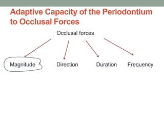 Adaptive Capacity of the Periodontium
to Occlusal Forces
Occlusal forces
Magnitude Direction Duration Frequency
 