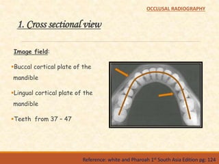 1. Cross sectional view
Image field:
Buccal cortical plate of the
mandible
Lingual cortical plate of the
mandible
Teeth from 37 – 47
Reference: white and Pharoah 1st South Asia Edition pg: 124
OCCLUSAL RADIOGRAPHY
 