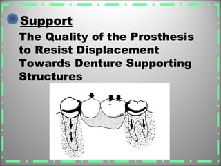 The Quality of the Prosthesis
to Resist Displacement
Towards Denture Supporting
Structures
Support
 