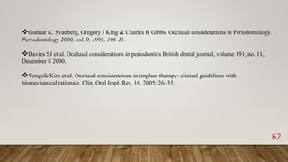 62
Gunnar K. Svanberg, Gregory J King & Charles H Gibbs. Occlusal considerations in Periodontology.
Periodontology 2000, vol. 9, 1995, 106-11.
Davies SJ et al. Occlusal considerations in periodontics British dental journal, volume 191, no. 11,
December 8 2000.
Yongsik Kim et al. Occlusal considerations in implant therapy: clinical guidelines with
biomechanical rationale. Clin. Oral Impl. Res. 16, 2005; 26–35.
 