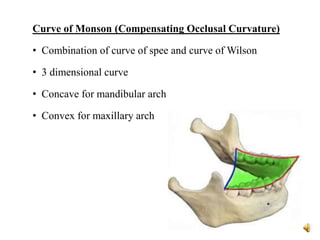 Curve of Monson (Compensating Occlusal Curvature)
• Combination of curve of spee and curve of Wilson
• 3 dimensional curve
• Concave for mandibular arch
• Convex for maxillary arch
 