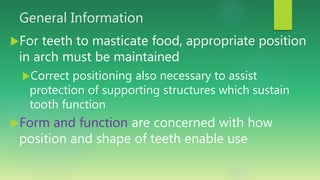 General Information
For teeth to masticate food, appropriate position
in arch must be maintained
Correct positioning also necessary to assist
protection of supporting structures which sustain
tooth function
Form and function are concerned with how
position and shape of teeth enable use
 