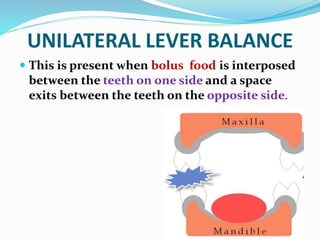 UNILATERAL LEVER BALANCE
 This is present when bolus food is interposed
between the teeth on one side and a space
exits between the teeth on the opposite side.
 