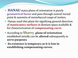 HANAU states plane of orientation is purely
geometrical factor and pass through central incisal
point & summits of mesiobuccal cusps of molars.
 Hanau used this plane for signifying general direction
of masticatory surfaces in denture space available &
for characterization of compensating curve.
 According to Sharry, plane of orientation
established intially can be altered subsequently to
serve purposes.
 Its existence is temporary as it is lost in
establishing compensating curves.
 
