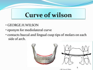 Curve of wilson
• GEORGE.H.WILSON
• eponym for mediolateral curve
• contacts buccal and lingual cusp tips of molars on each
side of arch.
 