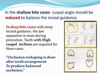 In the shallow bite cases- cuspal angle should be
reduced to balance the incisal guidance.
In deep bite cases with steep
incisal guidance, the Jaw
separation is more during
protrution. Teeth with High
cuspal inclines are required for
these cases.
‘’Occlusion reshaping is done
after teeth arrangement
To produce balanced
occlusion.’’
 