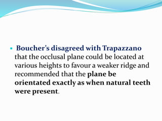  Boucher’s disagreed with Trapazzano
that the occlusal plane could be located at
various heights to favour a weaker ridge and
recommended that the plane be
orientated exactly as when natural teeth
were present.
 