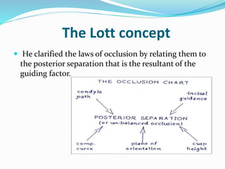 The Lott concept
 He clarified the laws of occlusion by relating them to
the posterior separation that is the resultant of the
guiding factor.
 