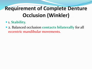 Requirement of Complete Denture
Occlusion (Winkler)
 1. Stability.
 2. Balanced occlusion contacts bilaterally for all
eccentric mandibular movements.
 