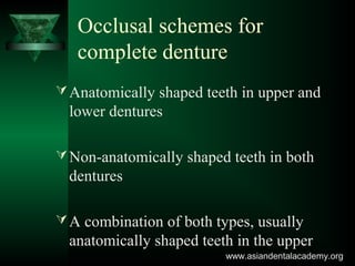 Occlusal schemes for
complete denture
Anatomically shaped teeth in upper and
lower dentures
Non-anatomically shaped teeth in both
dentures
A combination of both types, usually
anatomically shaped teeth in the upper
www.asiandentalacademy.orgwww.asiandentalacademy.org
 