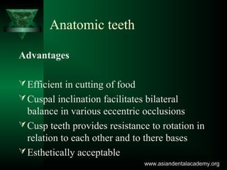 Anatomic teeth
Advantages
Efficient in cutting of food
Cuspal inclination facilitates bilateral
balance in various eccentric occlusions
Cusp teeth provides resistance to rotation in
relation to each other and to there bases
Esthetically acceptable
www.asiandentalacademy.orgwww.asiandentalacademy.org
 
