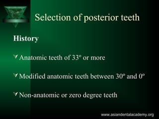 Selection of posterior teeth
History
Anatomic teeth of 33º or more
Modified anatomic teeth between 30º and 0º
Non-anatomic or zero degree teeth
www.asiandentalacademy.orgwww.asiandentalacademy.org
 