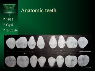 Anatomic teeth
 1913
 Gysi
 Trubyte
 