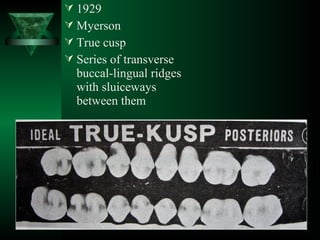  1929
 Myerson
 True cusp
 Series of transverse
buccal-lingual ridges
with sluiceways
between them
 