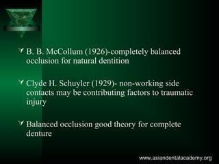  B. B. McCollum (1926)-completely balanced
occlusion for natural dentition
 Clyde H. Schuyler (1929)- non-working side
contacts may be contributing factors to traumatic
injury
 Balanced occlusion good theory for complete
denture
www.asiandentalacademy.orgwww.asiandentalacademy.org
 