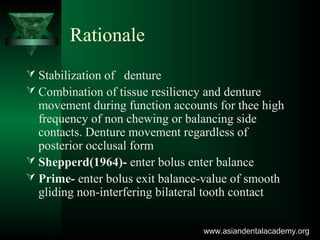 Rationale
 Stabilization of denture
 Combination of tissue resiliency and denture
movement during function accounts for thee high
frequency of non chewing or balancing side
contacts. Denture movement regardless of
posterior occlusal form
 Shepperd(1964)- enter bolus enter balance
 Prime- enter bolus exit balance-value of smooth
gliding non-interfering bilateral tooth contact
www.asiandentalacademy.orgwww.asiandentalacademy.org
 