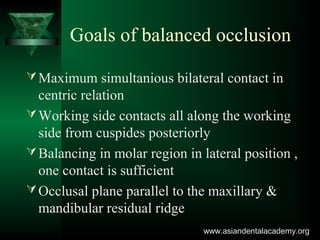 Goals of balanced occlusion
Maximum simultanious bilateral contact in
centric relation
Working side contacts all along the working
side from cuspides posteriorly
Balancing in molar region in lateral position ,
one contact is sufficient
Occlusal plane parallel to the maxillary &
mandibular residual ridge
www.asiandentalacademy.orgwww.asiandentalacademy.org
 