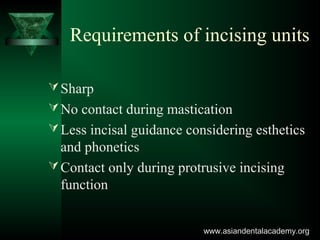Requirements of incising units
Sharp
No contact during mastication
Less incisal guidance considering esthetics
and phonetics
Contact only during protrusive incising
function
www.asiandentalacademy.orgwww.asiandentalacademy.org
 