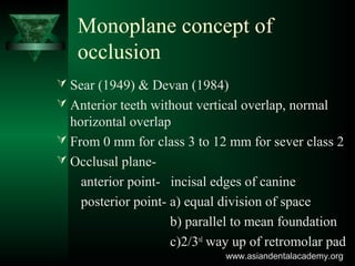Monoplane concept of
occlusion
 Sear (1949) & Devan (1984)
 Anterior teeth without vertical overlap, normal
horizontal overlap
 From 0 mm for class 3 to 12 mm for sever class 2
 Occlusal plane-
anterior point- incisal edges of canine
posterior point- a) equal division of space
b) parallel to mean foundation
c)2/3rd
way up of retromolar pad
www.asiandentalacademy.orgwww.asiandentalacademy.org
 