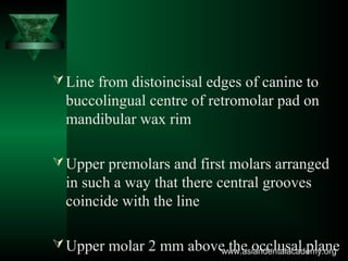 Line from distoincisal edges of canine to
buccolingual centre of retromolar pad on
mandibular wax rim
Upper premolars and first molars arranged
in such a way that there central grooves
coincide with the line
Upper molar 2 mm above the occlusal planewww.asiandentalacademy.orgwww.asiandentalacademy.org
 