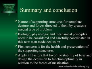Summary and conclusion
 Nature of supporting structures for complete
denture and forces directed to them by creates a
special type of problem
 Biologic, physiologic and mechanical principles
need to be considered and carefully coordinated in
this new man made occlusion
 First concern is for the health and preservation of
the supporting structures.
 Apply all factors that favor the stability of base and
design the occlusion to function optimally in
relation to the forces of mastication.
www.asiandentalacademy.orgwww.asiandentalacademy.org
 
