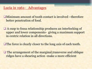 Lucia in 1961- Advantages
Minimum amount of tooth contact is involved –therefore
better penetration of food.
 A cusp to fossa relationship produces an interlocking of
upper and lower components- giving a maximum support
in centric relation in all directions.
The force is clearly closer to the long axis of each tooth.
 The arrangement of the marginal,transverse and oblique
ridges have a shearing action -make a more efficient
 