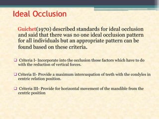 Ideal Occlusion
Guichet(1970) described standards for ideal occlusion
and said that there was no one ideal occlusion pattern
for all individuals but an appropriate pattern can be
found based on these criteria.
 Criteria I- Incorporate into the occlusion those factors which have to do
with the reduction of vertical forces.
 Criteria II- Provide a maximum intercuspation of teeth with the condyles in
centric relation position.
 Criteria III- Provide for horizontal movement of the mandible from the
centric position
 