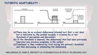 (a)There may be an occlusal disharmony (shaded bar) that is not ideal
but is tolerated by the patient because it is below his or her
threshold of perception and discomfort.
(b) If the threshold is lowered, the disharmony that had been previously
tolerated may produce symptoms in the patient.
(c)Treatment is then rendered by first raising the patient’s threshold
and then decreasing or eliminating the disharmony.
Shillinberg HT, Hobo S, Whitsett LD, Fundamentals of FPD.3rd
ed.Chicago;1997.
PATIENTS ADAPTABILITY -
 