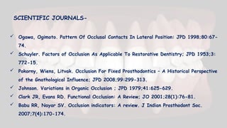SCIENTIFIC JOURNALS-
 Ogawa, Ogimoto. Pattern Of Occlusal Contacts In Lateral Position: JPD 1998;80:67-
74.
 Schuyler. Factors of Occlusion As Applicable To Restorative Dentistry; JPD 1953;3:
772-15.
 Pokorny, Wiens, Litvak. Occlusion For Fixed Prosthodontics – A Historical Perspective
of the Gnathological Influence; JPD 2008;99:299-313.
 Johnson. Variations in Organic Occlusion ; JPD 1979;41:625-629.
 Clark JR, Evans RD. Functional Occlusion: A Review; JO 2001;28(1):76-81.
 Babu RR, Nayar SV. Occlusion indicators: A review. J Indian Prosthodont Soc.
2007;7(4):170-174.
 
