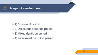 Stages of development
▰1) Pre-dental period
▰2) Deciduous dentition period
▰3) Mixed dentition period
▰4) Permanent dentition period
10
 
