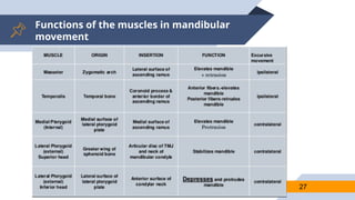Functions of the muscles in mandibular
movement
27
 