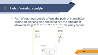 Path of rotating condyle
34
▰ Path of rotating condyle affects the path of mandibular
canine on working side and influence the amount of
allowable lingual contour of opposing maxillary canine.
 