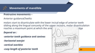 Movements of mandible
60
Protrusive movements –
Anterior guidance(Teeth)-
molars start to disarticulate with the lower incisal edge of anterior teeth
sliding along the lingual concavity of the upper incisors, molar disarticulation
reaches a maximum point at which the anterior teeth are edge-to-edge
Depend on :
-anterior teeth guidance and canines
-horizontal overjet
-vertical overbite
-cusp length of posterior teeth
 