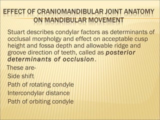 Stuart describes condylar factors as determinants of
occlusal morpholgy and effect on acceptable cusp
height and fossa depth and allowable ridge and
groove direction of teeth, called as posterior
determinants of occlusion .
These are-
Side shift
Path of rotating condyle
Intercondylar distance
Path of orbiting condyle
 