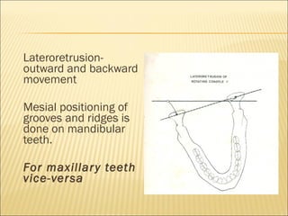 Lateroretrusion-
outward and backward
movement

Mesial positioning of
grooves and ridges is
done on mandibular
teeth.

For maxillar y teeth
vice-versa
 