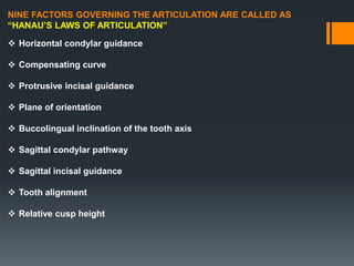 NINE FACTORS GOVERNING THE ARTICULATION ARE CALLED AS
“HANAU’S LAWS OF ARTICULATION”
 Horizontal condylar guidance
 Compensating curve
 Protrusive incisal guidance
 Plane of orientation
 Buccolingual inclination of the tooth axis
 Sagittal condylar pathway
 Sagittal incisal guidance
 Tooth alignment
 Relative cusp height
 