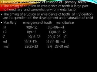Chronology and mean age of eruption of primary teeth:
• The timing of eruption or emergence of tooth is large part
to hereditary and somewhat environmental factor
• The timing of eruption or emergence of tooth of I ry dention
are independent of the development and maturation of child
• Maxillary emergence of tooth mandibulaar
i1 10(8-12) 8(6-10)---i1
I 2 11(9-13 13(10-16 i2
C 19(16-22 20(17-23 C
m1 16(13-1`9 16 (14-18 m1
m2 29(25-33 27( 23-31 m2
 