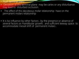 • Flush terminal plane :
• Deviation of this terminal plane may be caries or any disturbance
may lead to disturbed occlusion.
• The effect of this decideous molar relationship have on the
permanent molars relationship
• It is lso influence by other factors , by the presence or absence of
several factors as mandibular growth, and sufficient leeway space to
accommodate mesial shift of permanent molars .
 