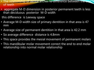 • The relationship of dental arches to difference between the size
of teeth
• aggregate M-D dimension in posterior permanent teeth is less
than deciduous posterior M-D width
this difference is Leeway space
• Average M-D width size of primary dentition in that area is 47
mm
• Average size of permanent dentition in that area is 42.2 mm
• So average difference distance is 4.8mm
• This space provides the mesial movement of permanent molars
• This mandibular molar movement correct the end to end molar
relationship into normal molar relationship
 