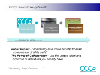 OCCo - How did we get Here?




                                    QuantumLeap4Work



                                        Conceived February    QuantumLeap4Work
            Conceived August 2007              2008
            Launched March 2008                                   Social Network
                                       Launched August 2008   Launched January 2009




      ……the journey so far………..



   Social Capital – “community as a whole benefits from the
    co-operation of all its parts”
   The Power of Collaboration - use the unique talent and
    expertise of individuals you already have


“ the coming of age of an idea……..”
 