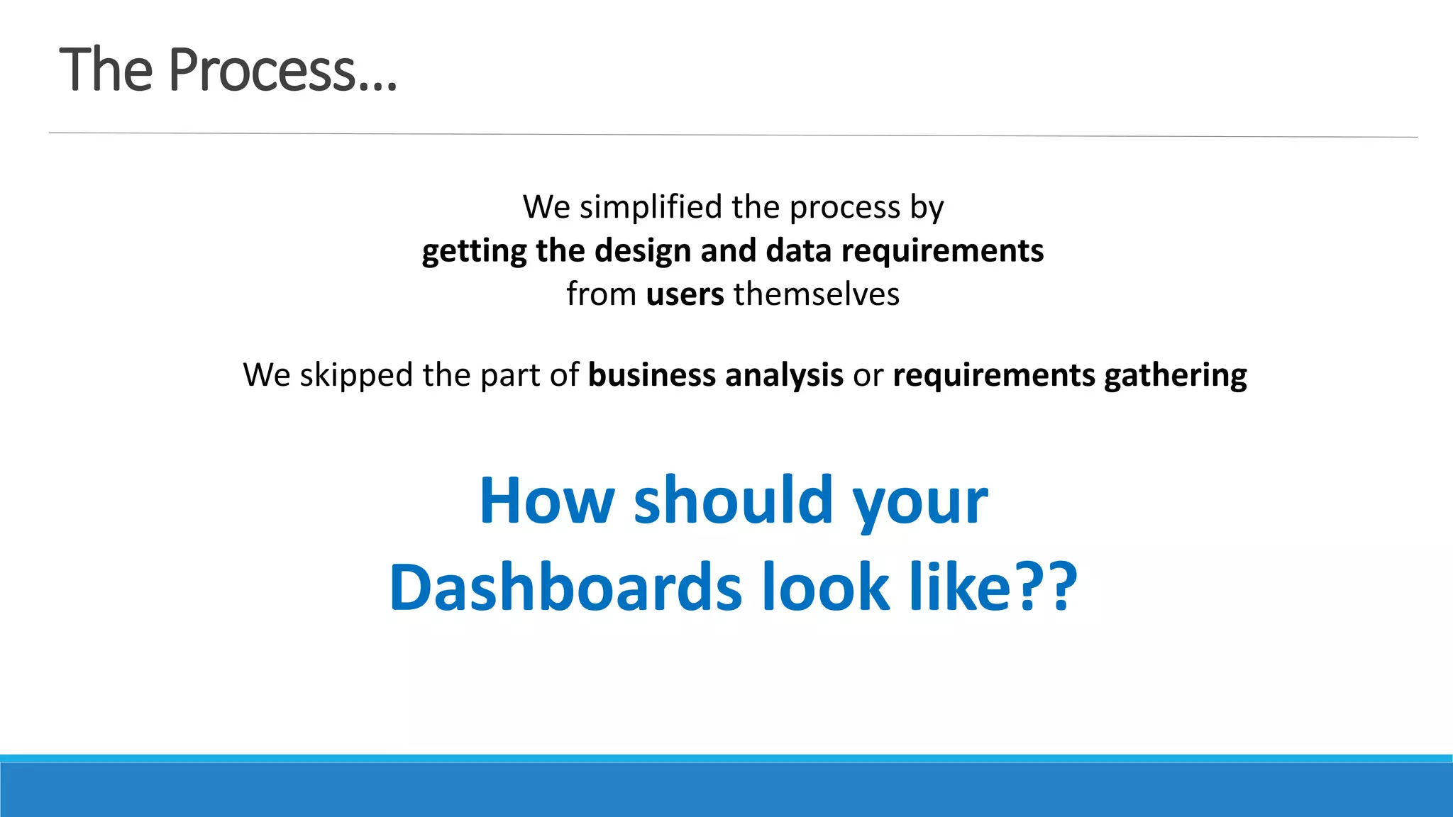 The Process…
We simplified the process by
getting the design and data requirements
from users themselves
We skipped the part of business analysis or requirements gathering
How should your
Dashboards look like??
 
