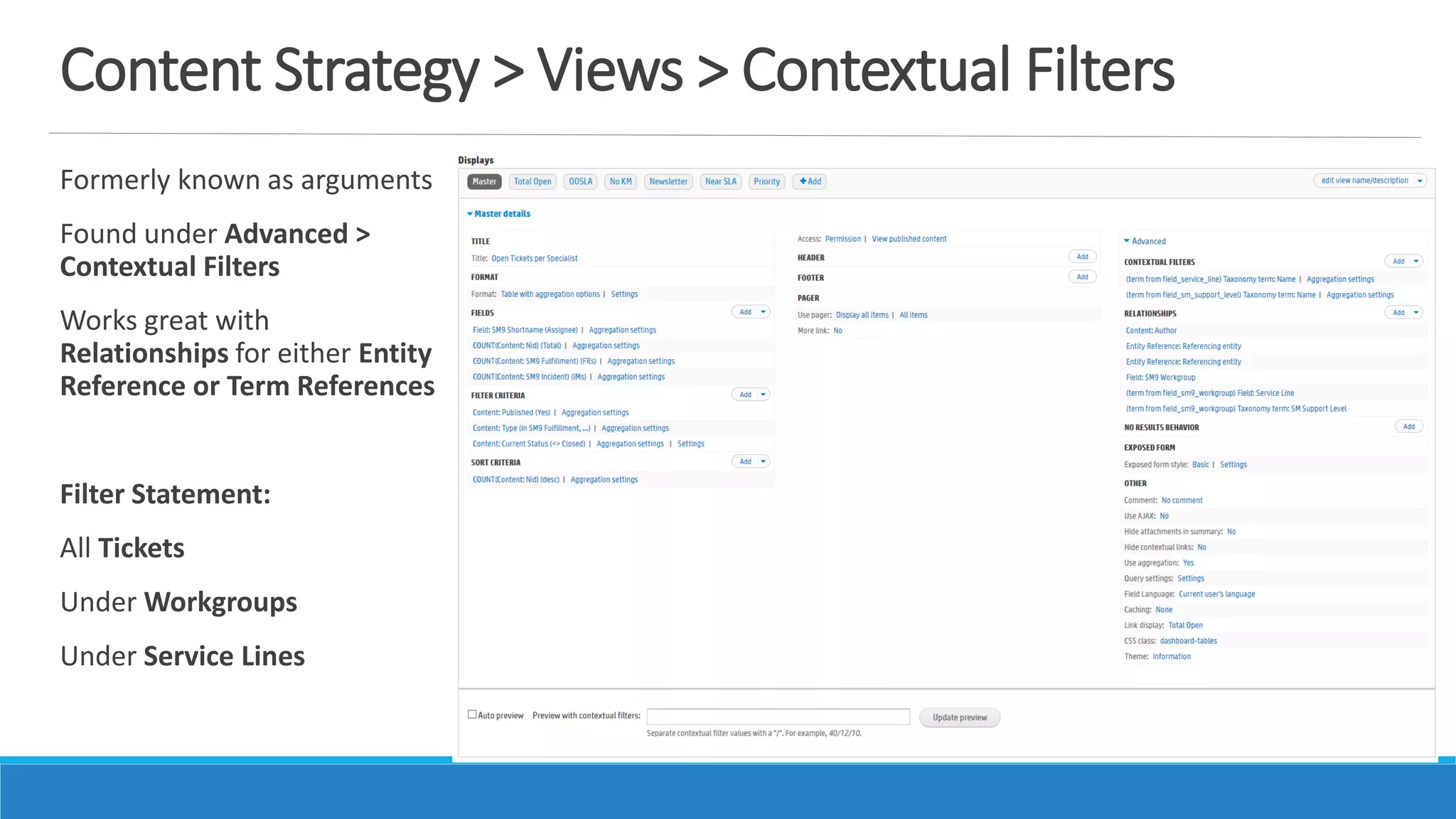 Content Strategy > Views > Contextual Filters
Formerly known as arguments
Found under Advanced >
Contextual Filters
Works great with
Relationships for either Entity
Reference or Term References
Filter Statement:
All Tickets
Under Workgroups
Under Service Lines
 