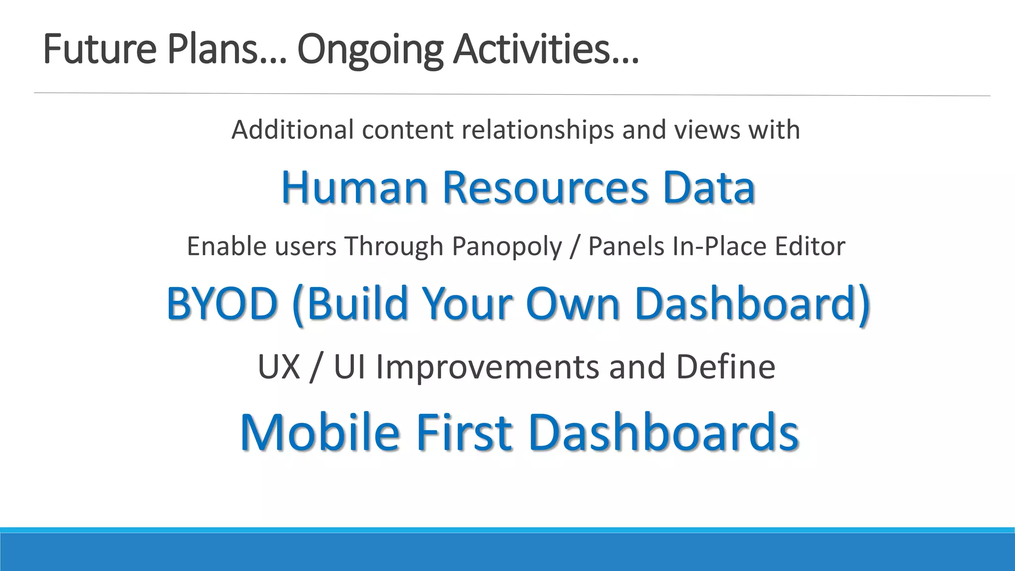Future Plans… Ongoing Activities…
Additional content relationships and views with
Human Resources Data
Enable users Through Panopoly / Panels In-Place Editor
BYOD (Build Your Own Dashboard)
UX / UI Improvements and Define
Mobile First Dashboards
 
