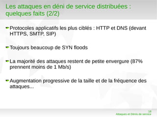 Les attaques en déni de service distribuées :
quelques faits (2/2)

 Protocoles applicatifs les plus ciblés : HTTP et DNS (devant
 HTTPS, SMTP, SIP)

 Toujours beaucoup de SYN floods

 La majorité des attaques restent de petite envergure (87%
 prennent moins de 1 Mb/s)

 Augmentation progressive de la taille et de la fréquence des
 attaques...



                                                                         18
                                               Attaques et Dénis de service
 