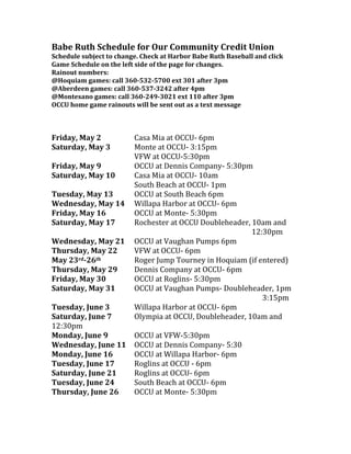 Babe Ruth Schedule for Our Community Credit Union
Schedule subject to change. Check at Harbor Babe Ruth Baseball and click
Game Schedule on the left side of the page for changes.
Rainout numbers:
@Hoquiam games: call 360-532-5700 ext 301 after 3pm
@Aberdeen games: call 360-537-3242 after 4pm
@Montesano games: call 360-249-3021 ext 110 after 3pm
OCCU home game rainouts will be sent out as a text message
Friday, May 2 Casa Mia at OCCU- 6pm
Saturday, May 3 Monte at OCCU- 3:15pm
VFW at OCCU-5:30pm
Friday, May 9 OCCU at Dennis Company- 5:30pm
Saturday, May 10 Casa Mia at OCCU- 10am
South Beach at OCCU- 1pm
Tuesday, May 13 OCCU at South Beach 6pm
Wednesday, May 14 Willapa Harbor at OCCU- 6pm
Friday, May 16 OCCU at Monte- 5:30pm
Saturday, May 17 Rochester at OCCU Doubleheader, 10am and
12:30pm
Wednesday, May 21 OCCU at Vaughan Pumps 6pm
Thursday, May 22 VFW at OCCU- 6pm
May 23rd-26th Roger Jump Tourney in Hoquiam (if entered)
Thursday, May 29 Dennis Company at OCCU- 6pm
Friday, May 30 OCCU at Roglins- 5:30pm
Saturday, May 31 OCCU at Vaughan Pumps- Doubleheader, 1pm
3:15pm
Tuesday, June 3 Willapa Harbor at OCCU- 6pm
Saturday, June 7 Olympia at OCCU, Doubleheader, 10am and
12:30pm
Monday, June 9 OCCU at VFW-5:30pm
Wednesday, June 11 OCCU at Dennis Company- 5:30
Monday, June 16 OCCU at Willapa Harbor- 6pm
Tuesday, June 17 Roglins at OCCU - 6pm
Saturday, June 21 Roglins at OCCU- 6pm
Tuesday, June 24 South Beach at OCCU- 6pm
Thursday, June 26 OCCU at Monte- 5:30pm
 